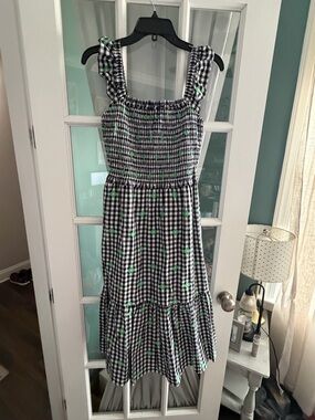 NWOT kate spade Black & White Gingham Midi Dress with Green Floral Clover detail